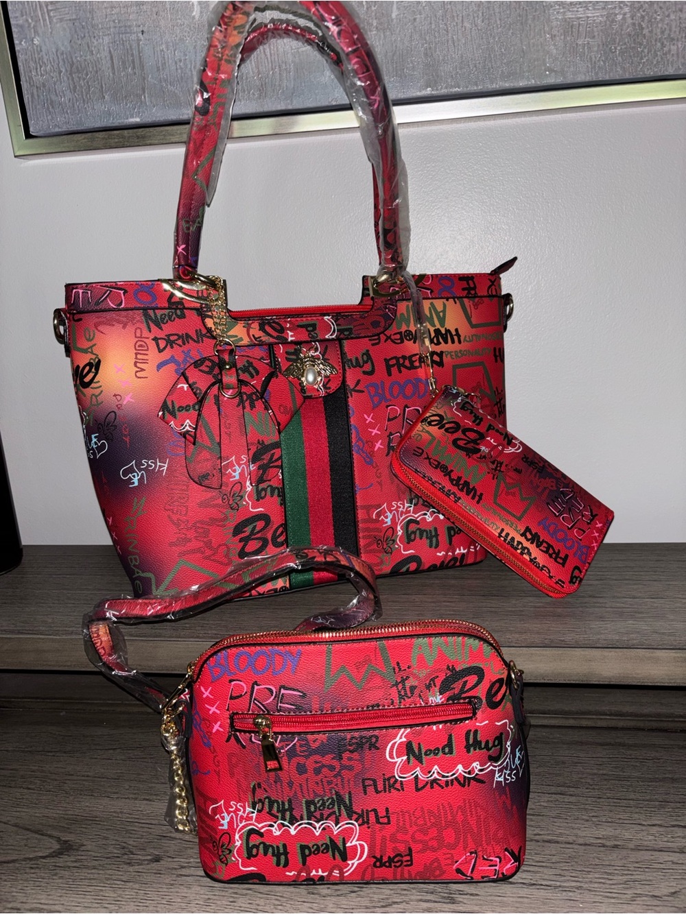 Red Graffiti-Print Tote and Crossbody Bag Set